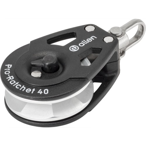 ALLEN Blok z mechanizmem zapadkowym Pro, aluminium 40 mm, lina 6 mm, przełączalny, szekla obrotowa